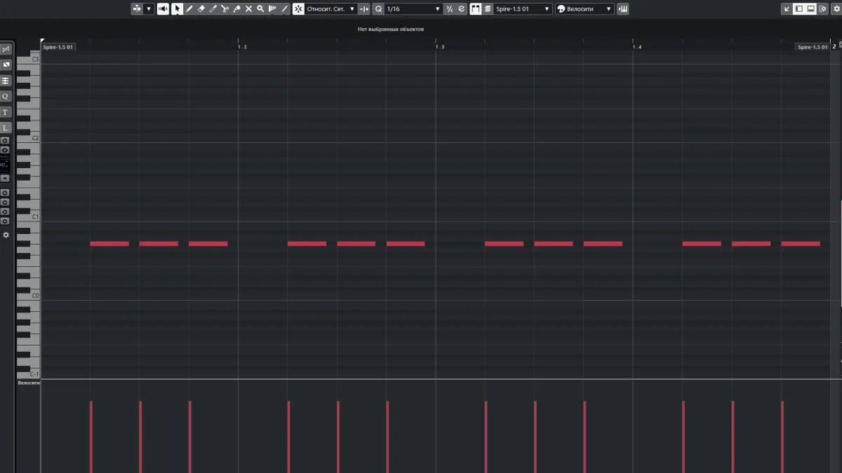 Партия баса в FL Studio — три последовательные ноты длиною чуть меньше 1/16