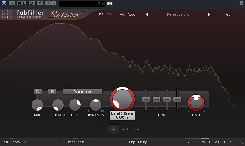 FabFilter Saturn — сатурация бочки в режиме Default