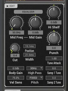 Настройка вкладки Edit в Credland Audio BigKick: Mid Freq, Mid Gain, Hi Shelf, Punch