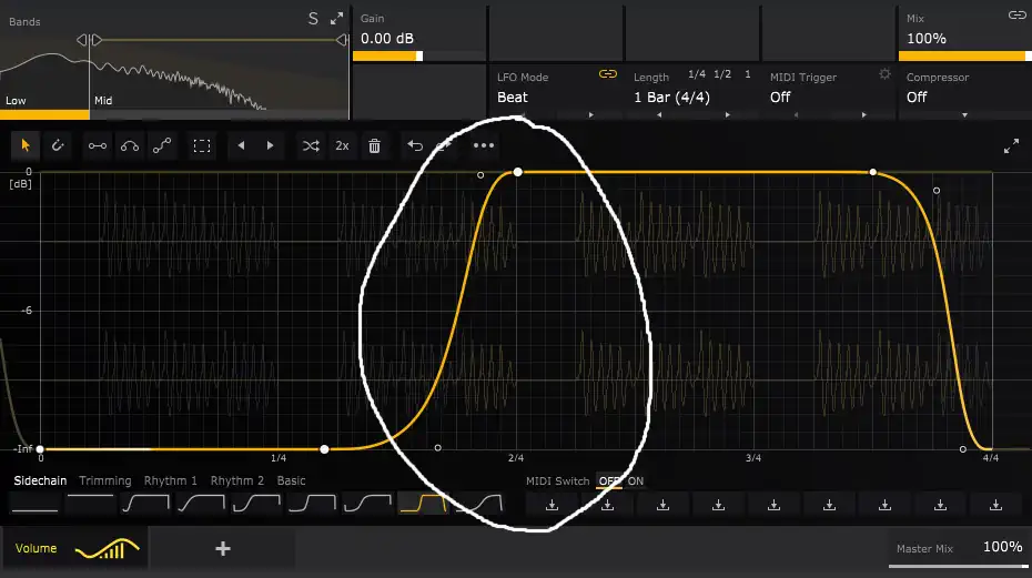 Анализатор волноформы баса в Volume Shaper — виден сигнал в нижнем диапазоне