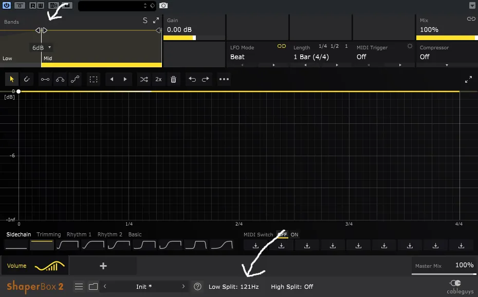 Кроссовер 120 Hz в разделе Bands Volume Shaper на канале с басом