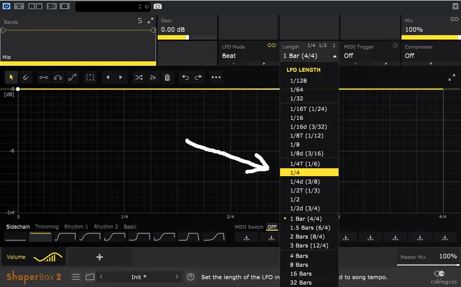 Volume Shaper на канале с бочкой — Length выставлен на 1/4