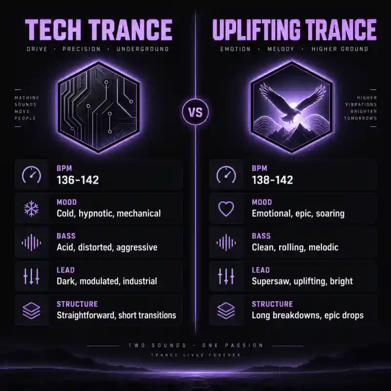 Сравнение Tech Trance и Uplifting Trance: BPM, ритм, мелодия, структура